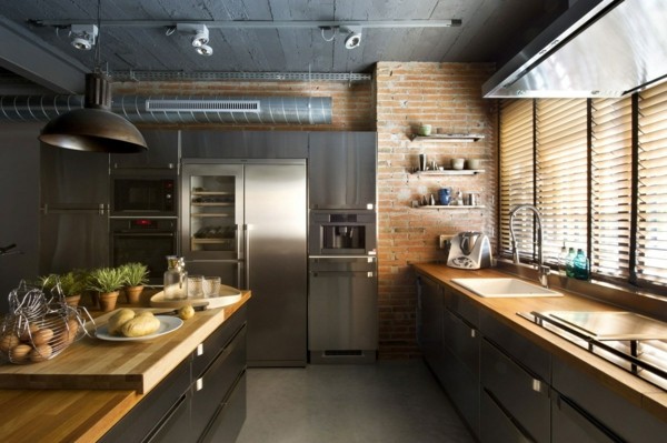 küchen ideen industrielles design graue möbel ziegelwand