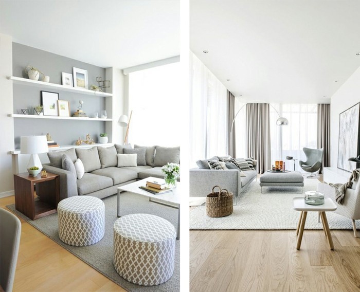 minimalistisch einrichten graues wohnzimmersofa helle wände