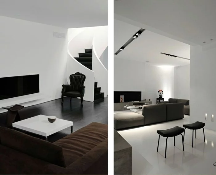 minimalistisch einrichten schwarze akzente dunkle sofas
