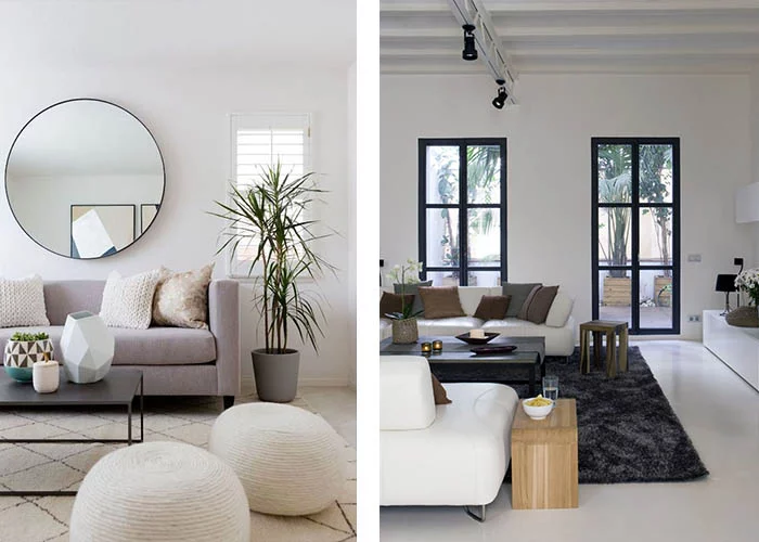 minimalistisch einrichten wohnzimmer teppich hocker