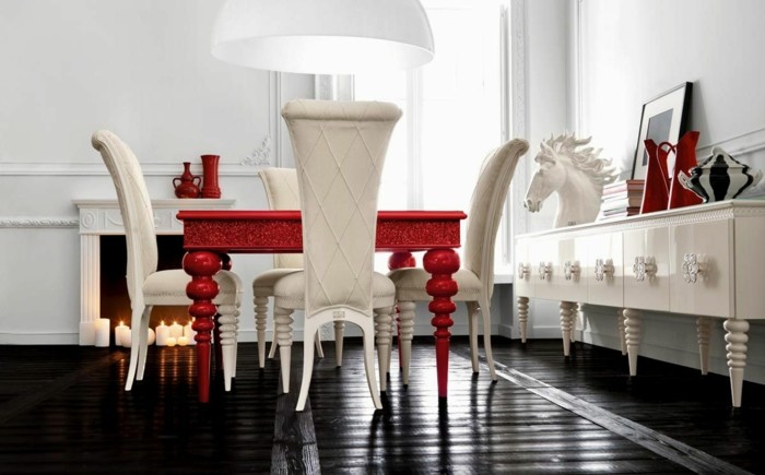 moderne stühle esszimmer weiße stühle roter esstisch schwarzer bodenbelag
