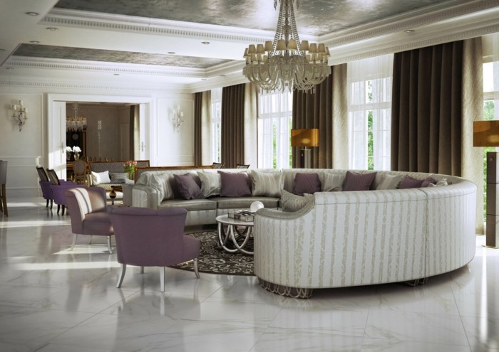 rundes sofa schickes design runder teppich lila stühle