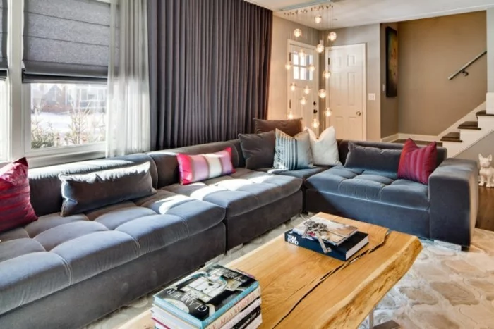 designer sofa grau und dunkelblau