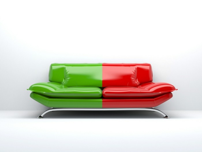 designer sofa in grün und rot