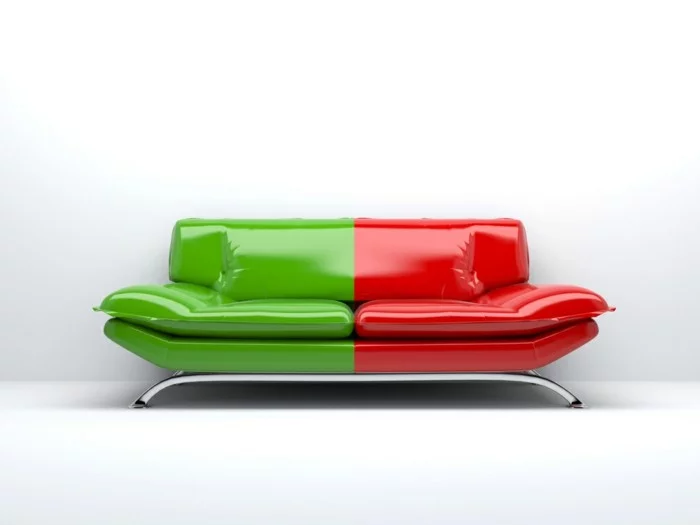 designer sofa in grün und rot
