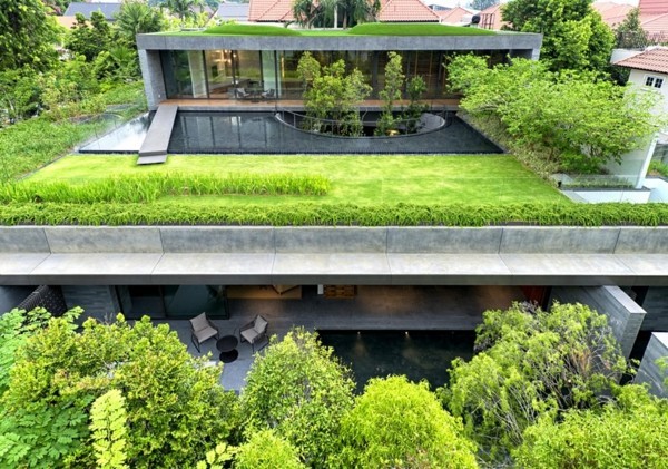 moderne architektur wiesen auf dem dach