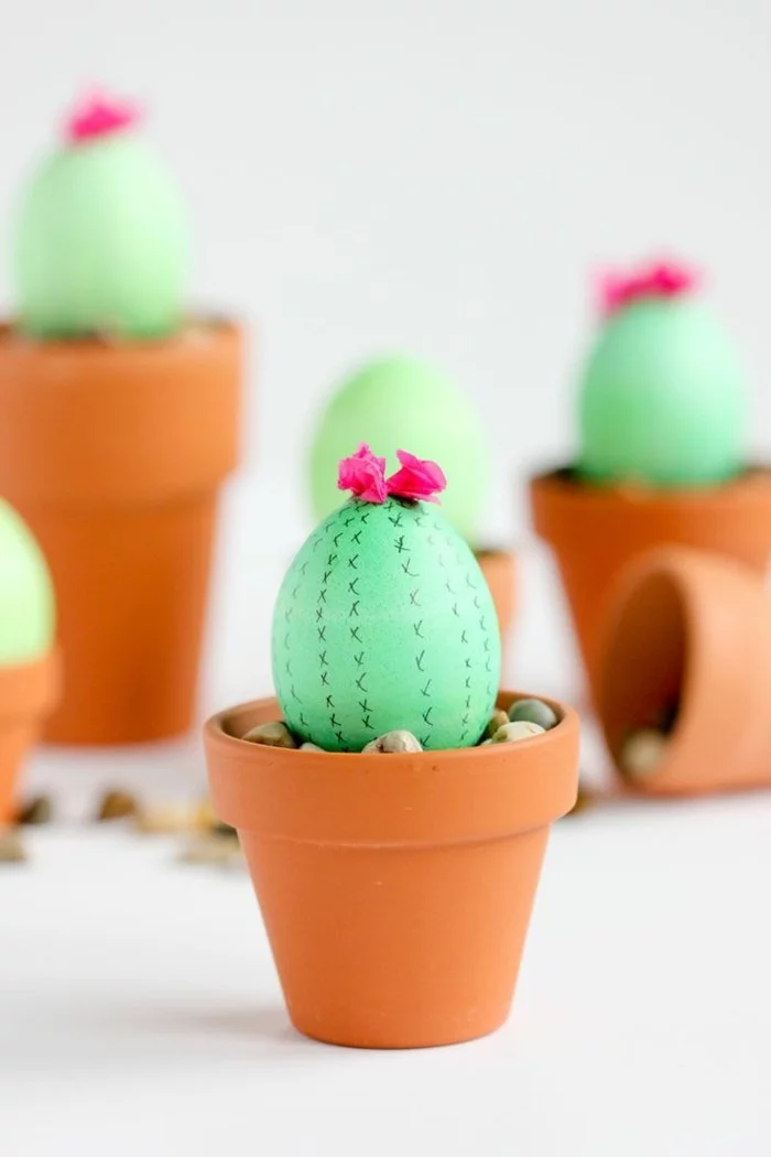 Kaktus aus Osterei in Blumentopf mit Steinchen
