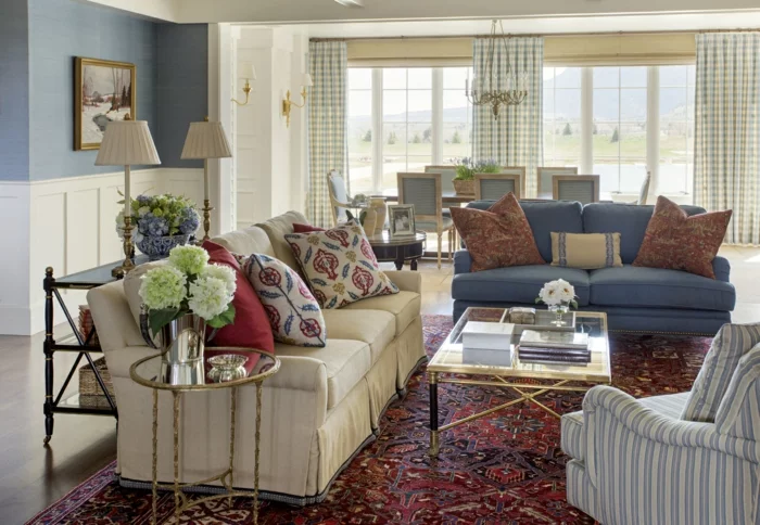 perserteppiche gemütliches wohnzimmer blaues sofa landhausstil