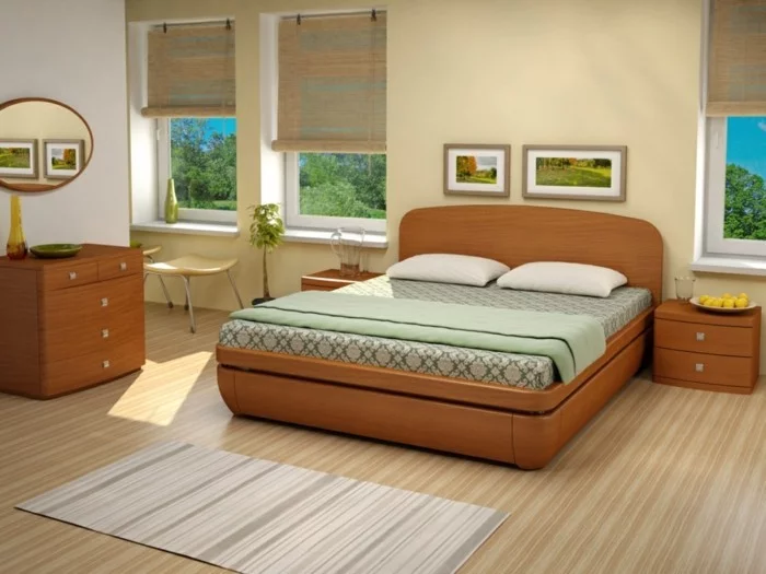 schlafzimmer gestalten bettdesign hellgelbe wandfarbe bilder