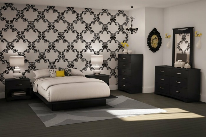 tapeten schlafzimmer ideen elegantes muster weiß schwarz