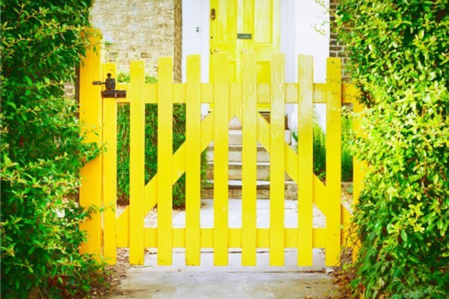 Gartentor Holz gelb visueller Kontrast zu Grün