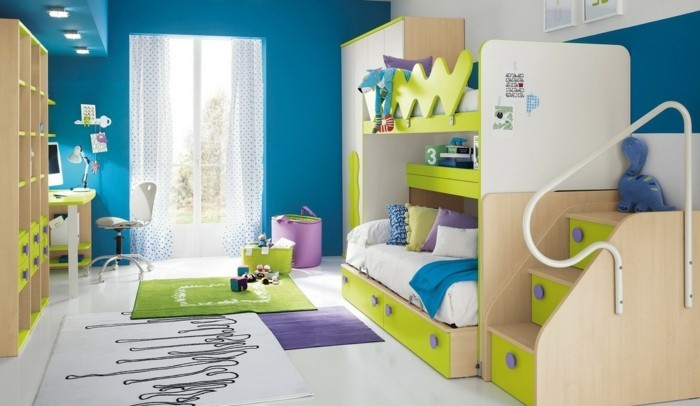 farbgestaltung kinderzimmer grün blau hochbett teppiche