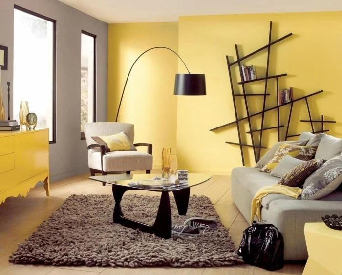 frühlingsfarben gelbe wände brauner teppich wohnideen wohnzimmer