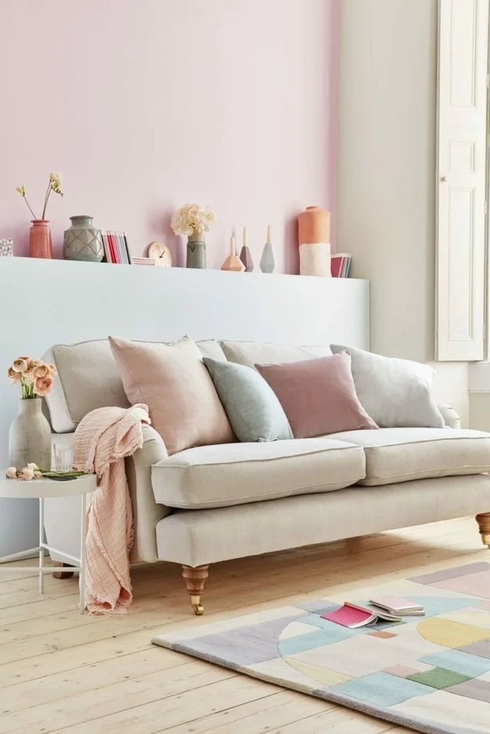 frühlingsfarben pastellfarben holzboden wohnzimmer einrichten