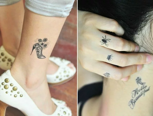 kleine Tattoos für Frauen an den Fingern und am Unterschenkel