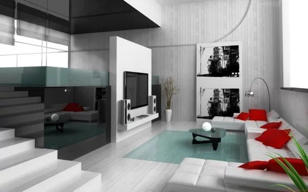 laminat an die wand wohnzimmer helles design rote dekokissen akzente