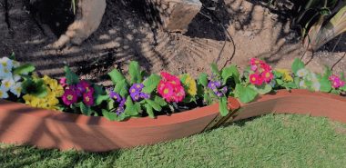 einfache Rasenkante aus Keramik für die Frühlingsblumen im Garten