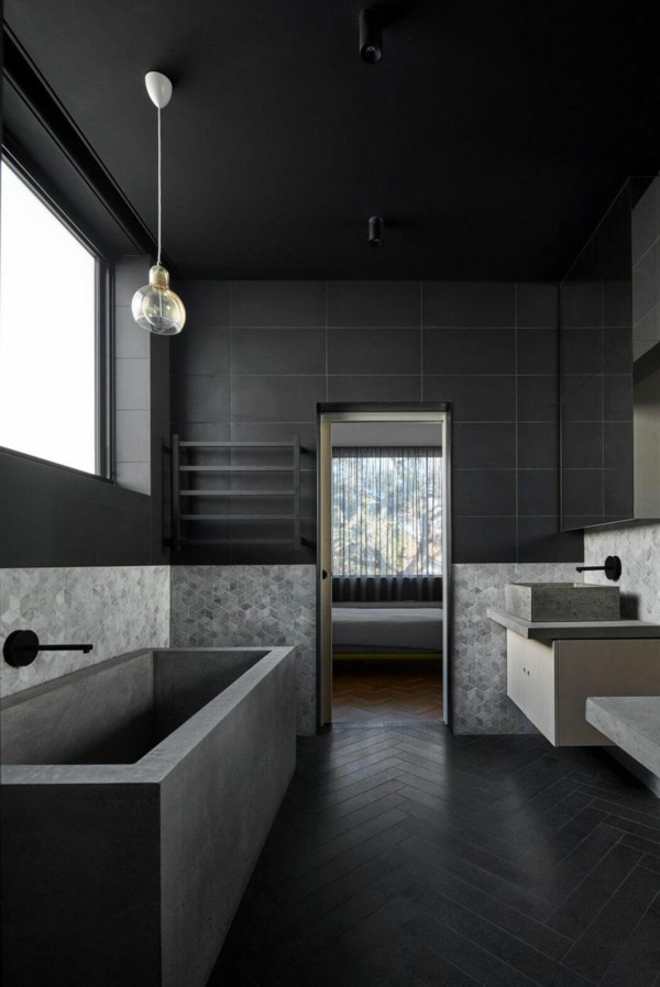 badezimmer schwarz minimalistische badewanne schönes wanddesign
