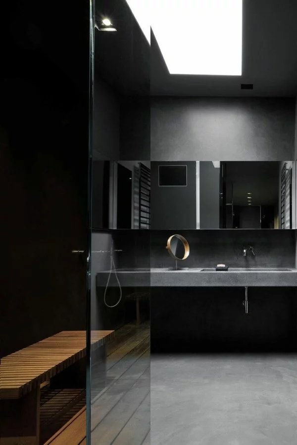 badezimmer schwarz moderner look hellgrauer bodenbelag