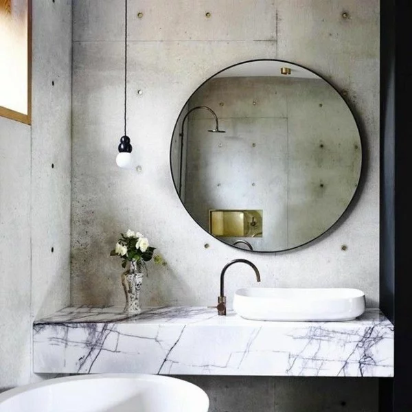 runder badspiegel ausgefallener waschtisch modernes bad ideen