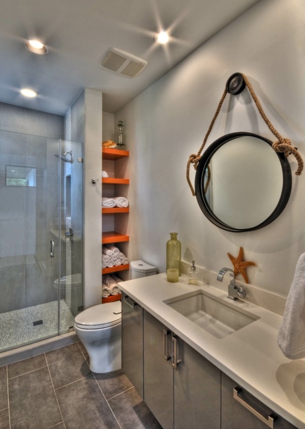 runder badspiegel gemütliches bad gestalten ideen naturfarben kombinieren