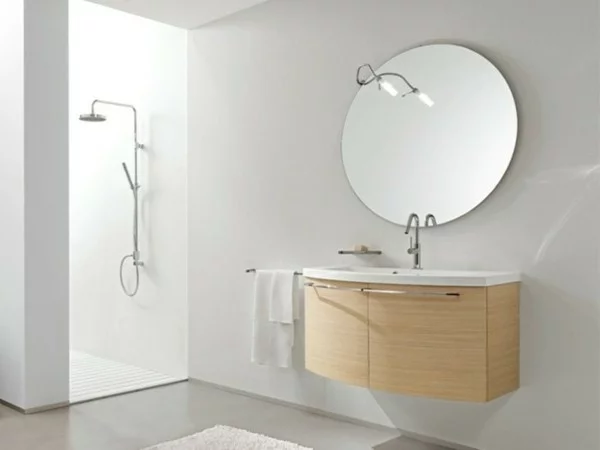 runder badspiegel modernes bad gestalten helles holz waschbeckenunterschrank