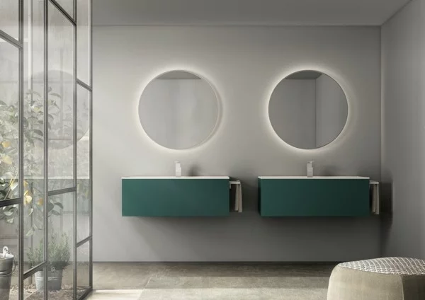 runder badspiegel modernes badezimmer gestalten neutrale farben