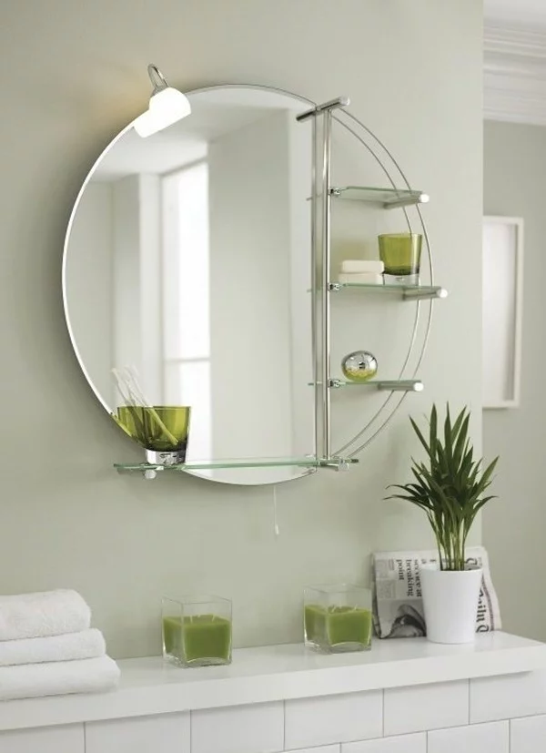 runder badspiegel modernes design stauraum hellgrüne wandfarbe
