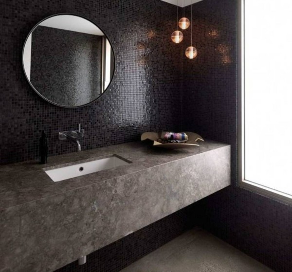 runder badspiegel schönes wanddesign dunkle farben