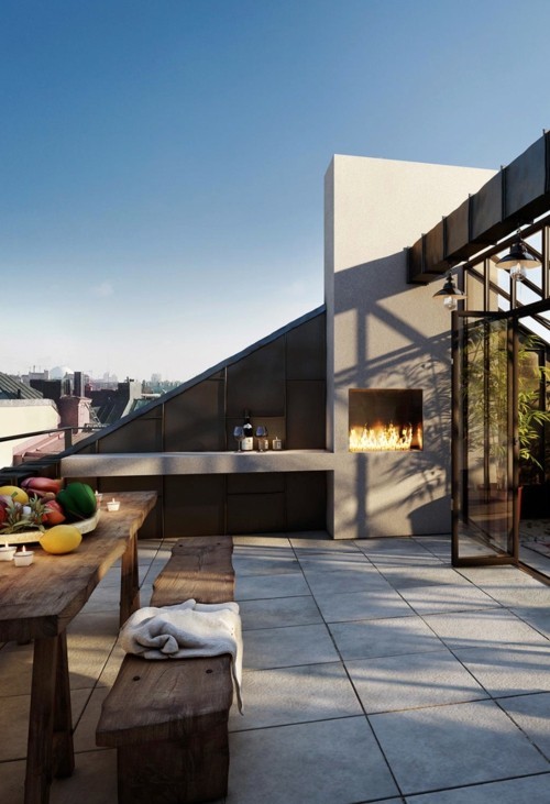 terrassenkamin moderne terrassengestaltung rustikale möbel