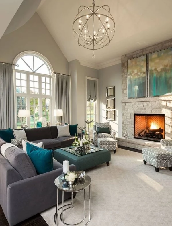 wandfarbe hellgrau elegantes wohnzimmer gestalten heller teppich blaue akzente