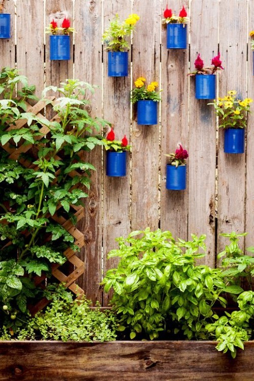 Kleinen Garten größer erscheinen lassen Holzzaun alte Dosen in Blau gestrichen mit Blumen vertikal anordnen viel Grün