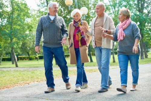 Zwei ältere Familienpaare gehen im Park spazieren gute Verhältnisse goldene Regeln
