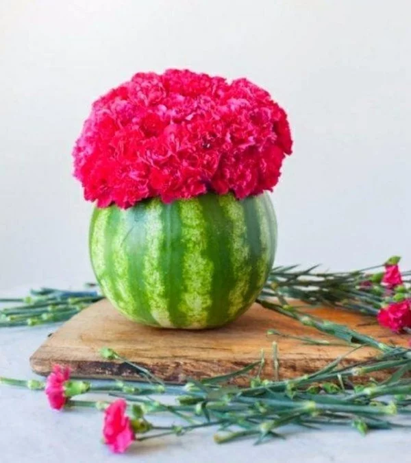 Wassermelone als DIY Vase voller Nelken 