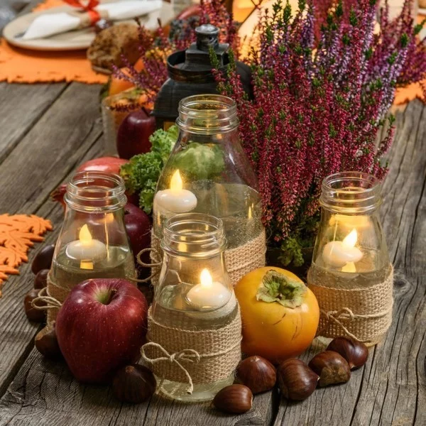 Herbstdeko aus Naturmaterialien selber machen - Windlichter, Heide, Äpfel und Maronen
