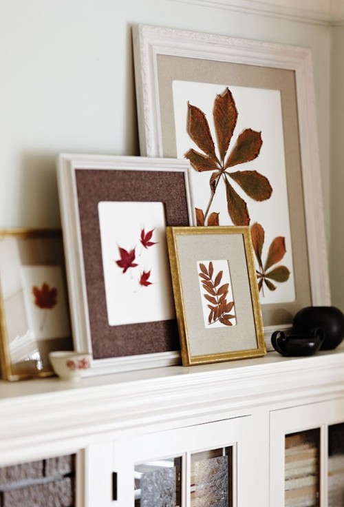 Raumgestaltung Ideen bunte Herbstblätter in Rahmen auf weißem Hintergrund Deko Elemente im Herbst