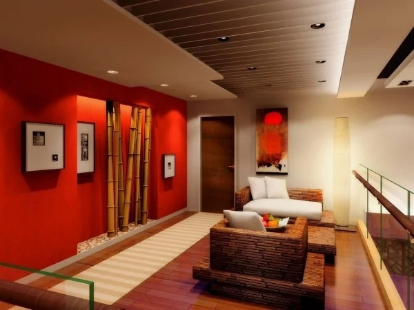 farben wohnzimmer bambus deko vor roten tapeten