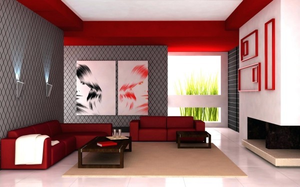 farben wohnzimmer rote möbel und deckenelemente
