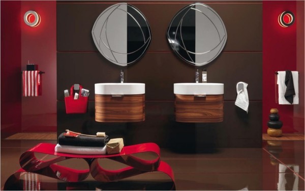 mehrere roten designermöbel badezimmer gestaltungsideen