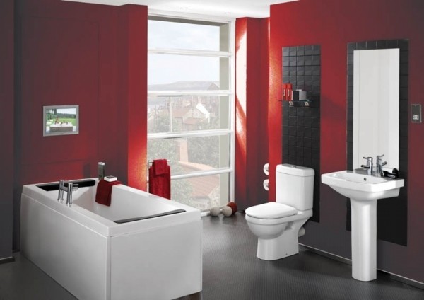 Badezimmer-Gestaltungsideen in Trendfarben Rot und Grün