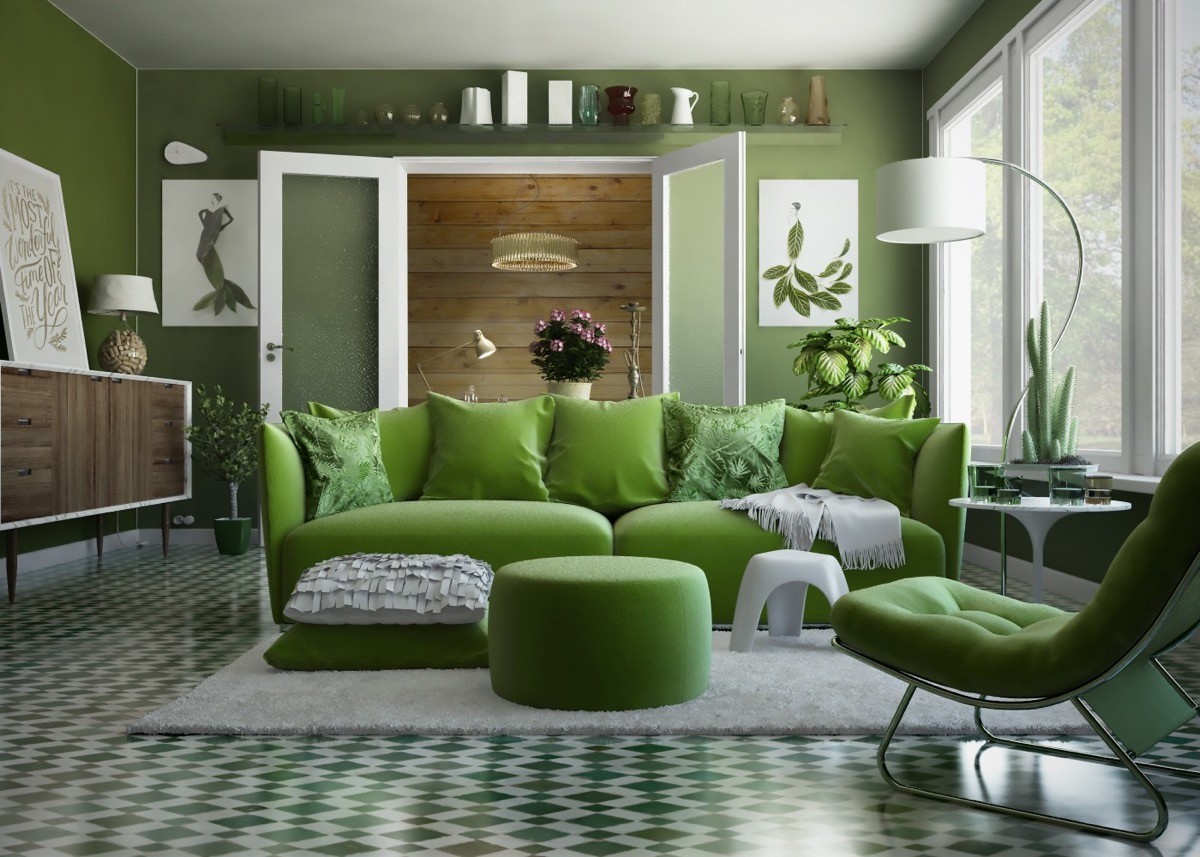 wohnzimmer farben grüne fliesen und möbel