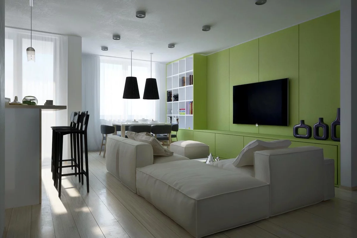 wohnzimmer farben grüne medienwand
