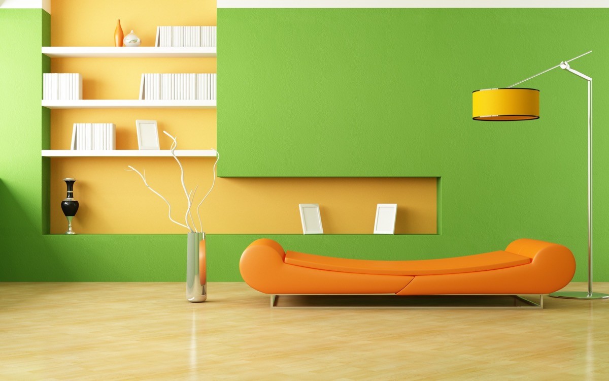 wohnzimmer farben moderne ideen in orange und grün