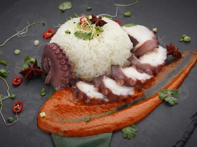 Reiseziele 2019 typisches Essen auf den Seychellen Oktopus mit Reis und Curry Sauce auf Steinplatte serviert