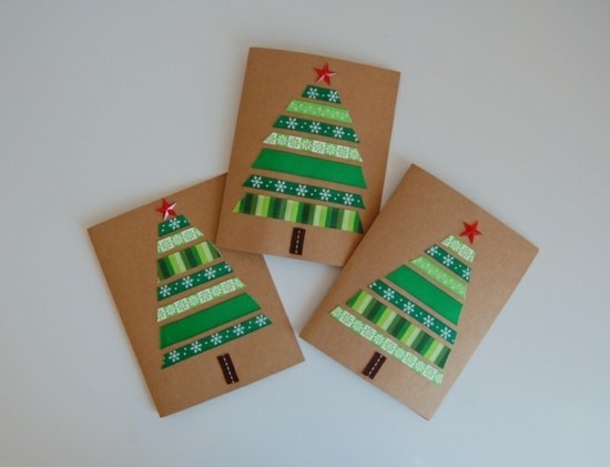 geschenkbänder grüne tannenbäume weihnachtskarten basteln