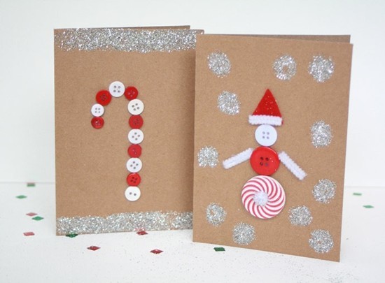 weihnachtskarten basteln mit kindern knöpfe zuckerstange weihnachtsmann