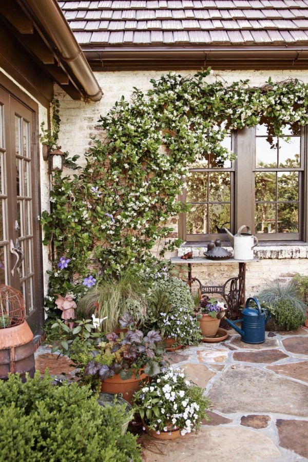 Gartengestaltung Ideen Steinplatten vor dem Hauseingang Kletterpflanzen Topfpflanzen schöner Blick
