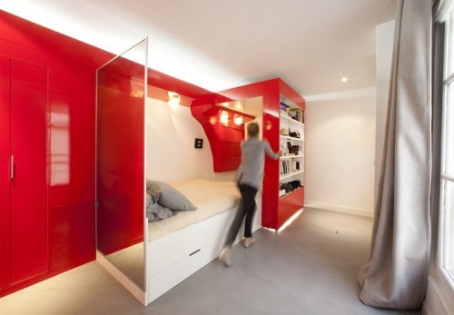 einzimmerwohnung einrichten rote wände