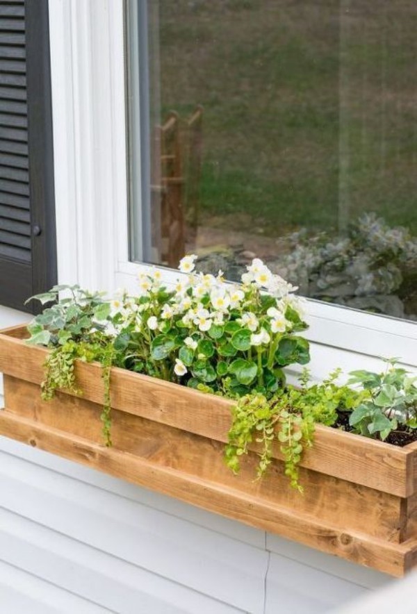 Blumenkasten an der Fensterbank aus Holz Blumen nicht zu dicht einpflanzen