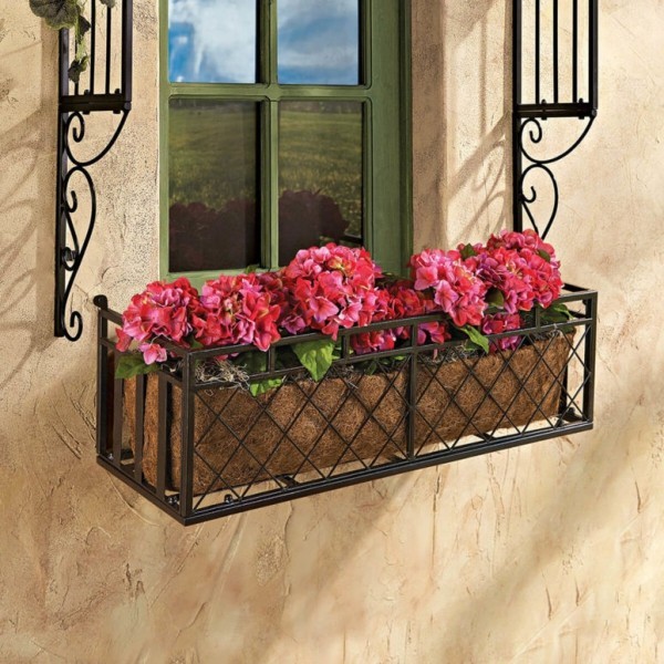 Blumenkasten an der Fensterbank im Metallkasten viele rote Pflanzen wenig Grün